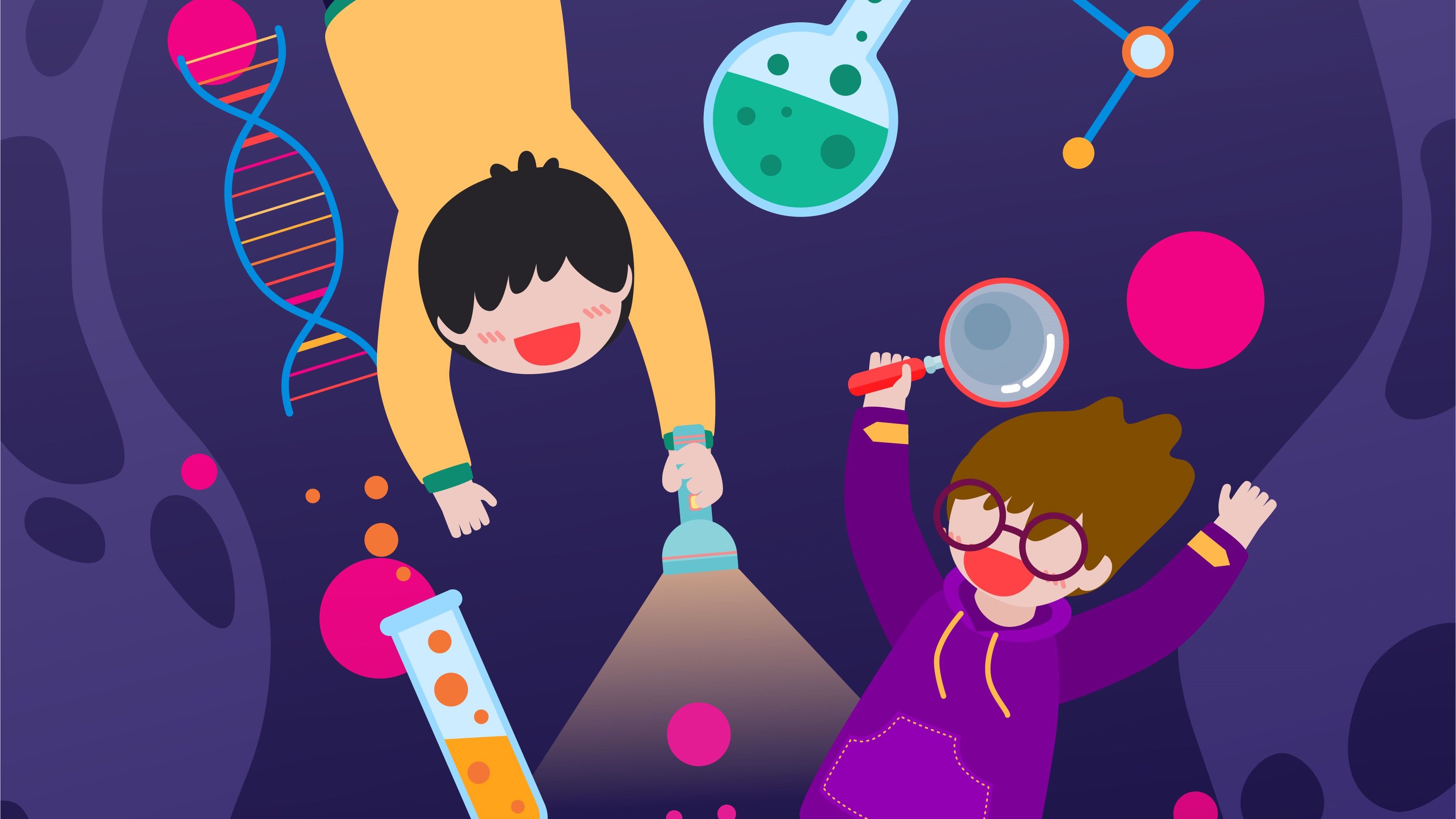 illustration vectorielle de deux jeunes garçons jouant avec des objets scientifiques